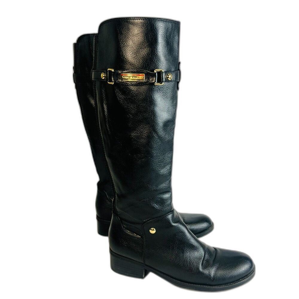 Tommy Hilfiger Black Leather Knee-High Heeled Boots
